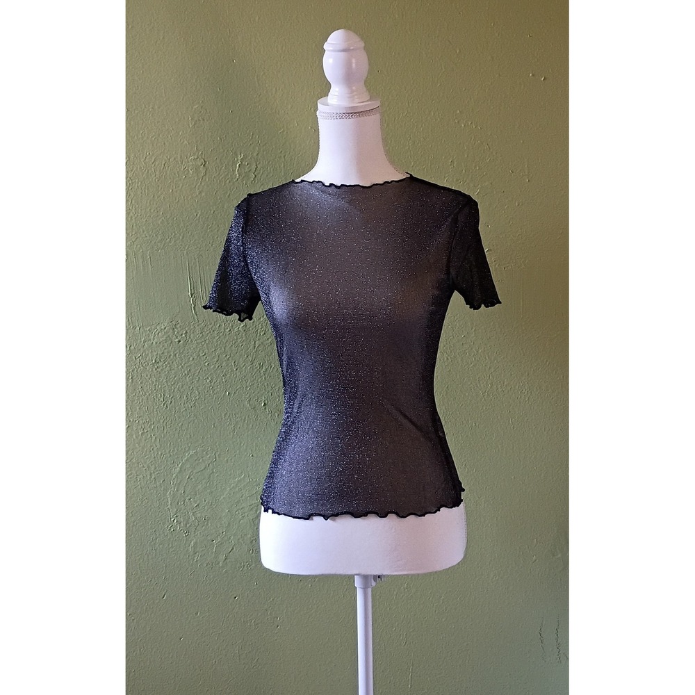 Goth Grunge Fairycore Black Metallic Y2K Mesh Shirt Top Womens XS Extra Small